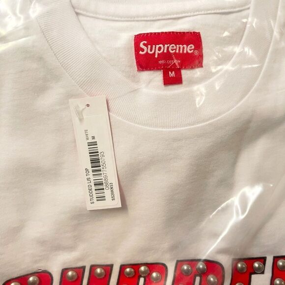Supreme Studded L/S Top White, Red Logo, Silver Studs NWT Sealed SZ M SS20 - Picture 4 of 7